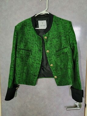 Setre Emerald Textured Cropped Blazer with Gold Buttons